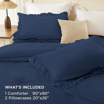 Andency Navy Blue Queen Comforter Set (90x90Inch), 3 Pieces Lightweight Fluffy Ruffle Bedding Comforter Sets for Queen Bed, Farmhouse Shabby Chic Soft Microfiber All Season Bed Set