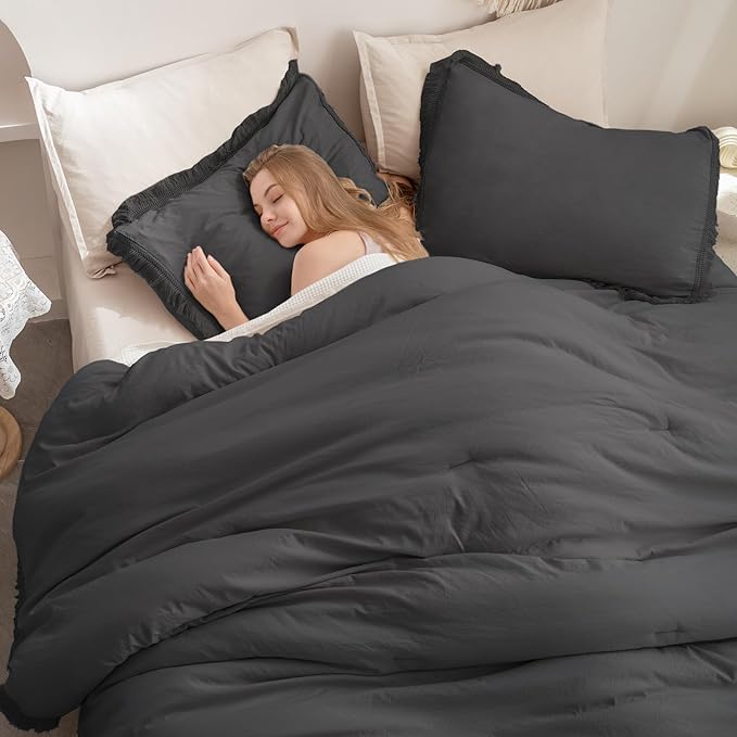 Andency Comforter King Size Bed Set Dark Grey, 3 Pieces Boho Lightweight Winter Bedding Comforters & Sets, All Season Soft Tassel Bed Set (104x90In Comforter & 2 Pillowcases)