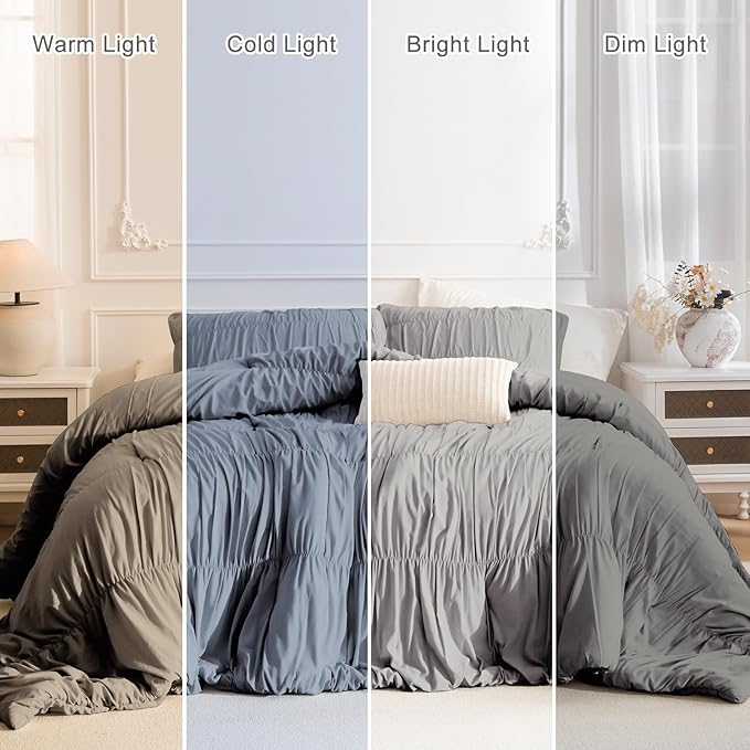 Masaca Grey Oversized King Comforter Set 128x120,Ruched Ruffle Comforter Extra Large King Size Bedding,Shabby Boho Chic Farmhouse Bedding 3PCS (1 Gray Comforter+2 Pillow Shams)