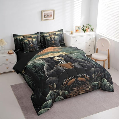 Erosebridal Rustic Bear Twin Bedding Set, Black Bear with Coffee Cup Bed in A Bag,Farmhouse Cabin Decor Comforter Sets with Sheets, Vintage Woodland Animal 7 Pieces Bed Set Bedroom Decor