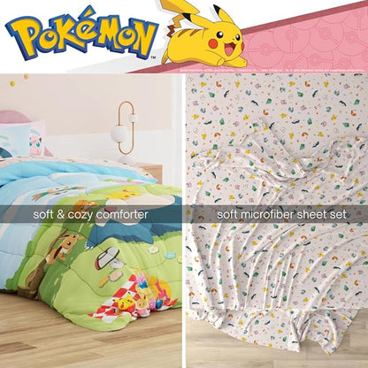 Pokemon Bedding Super Soft Comforter and Sheet Set with Sham, 5 Piece Full Size, Featuring Snorlax, Pikachu, Eevee & Jigglypuff (Officially Licensed Product) by Franco