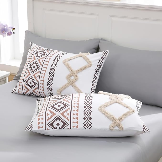 MOVE OVER Beige and Gray Tufted Comforter Set Queen Size 5 Pieces Bohemian Style Geometric Tufted Bedding Set Farmhouse Boho Aztec Comforter Set with 2 Decor Pillow Covers for Room Decor