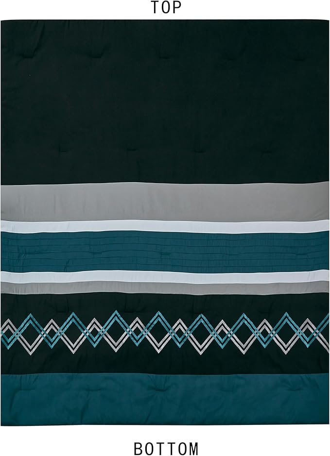 Chezmoi Collection Arden 7-Piece Modern Pleated Stripe Embroidered Zigzag Bedding Comforter Set (Full, Teal/Black/Gray)