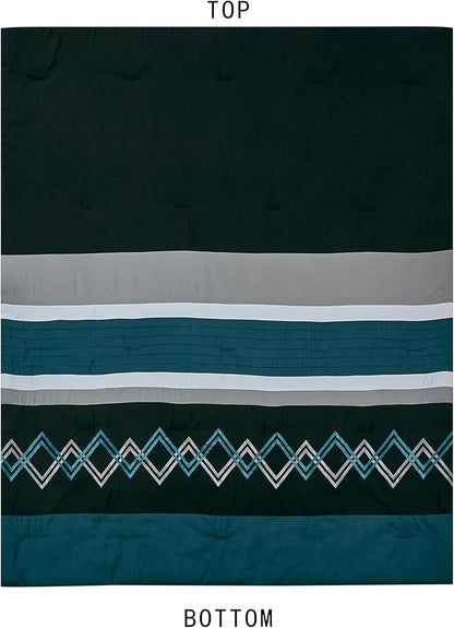 Chezmoi Collection Arden 7-Piece Modern Pleated Stripe Embroidered Zigzag Bedding Comforter Set (California King, Teal/Black/Gray)