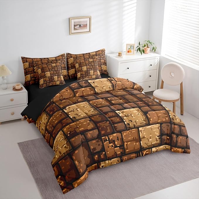 Castle Fairy Brown Stone Wall 7 Piece Comforter & Sheet Sets King Size,Pixel Style Bedding Set Splicing Grid Block Bed in a Bag Video Games Flat & Fitted Sheets,4 Pillow Covers