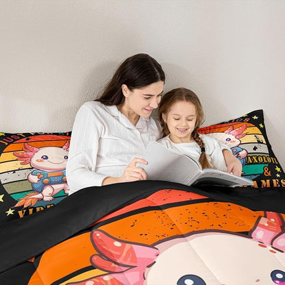 Gamer Bedding Set Axolotl Comforter Set King, Video Games Gaming Down Comforter For Kids Boys Girls Teens, Rainbow Duvet Set, Cute Wildlife Animal Bedroom Decor, Pink Orange, With 2 Pillow Cases