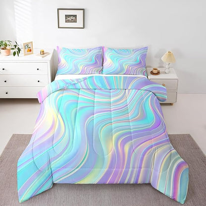 Pastel Rainbow Comforter Set with Pillowcases Abstract Wave Stripes 3D Printed Designs 3 Piece Bedroom Duvet Set Psychedelic Girl Bed Down Comforter for Kids Women Dorm Room (King,Coulourful Marble)