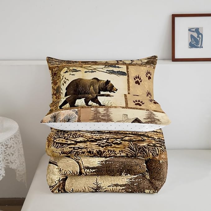Feelyou Western Rustic Bear Comforter Set King Size, Wooden Board Farmhouse Duvet Insert, Forest Animal Wildlife Hunting Country Brown Patchwork Bear Paw Print Quilt,1 Comforter 2 Pillow Shams