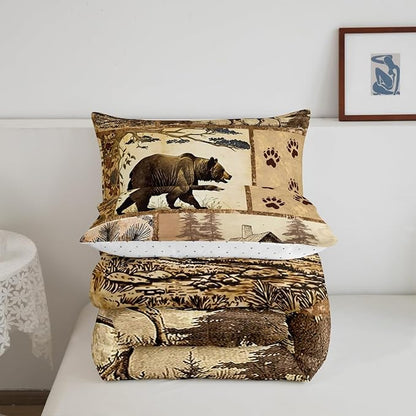 Feelyou Western Rustic Bear Comforter Set Toddler Size, Wooden Board Farmhouse Duvet Insert, Forest Animal Wildlife Hunting Country Brown Patchwork Bear Paw Print Quilt,1 Comforter 1 Pillow Shams