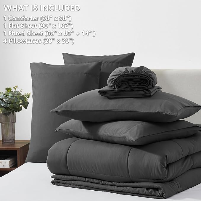 CozyLux Oversized Queen Comforter Sets Dark Grey, 7 Pieces Bed in a Bag, Ultra-Soft All Season Bedding Sets with Stitch Quilted Comforter, Flat Sheet, Fitted Sheet, Pillowcases, Dark Gray