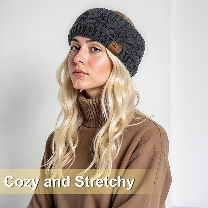 Loritta 2 Pack Headbands for Women Winter Warm Cable Knit Ear Warmer Thick Head Wrap Fuzzy Fleece Lined Gifts