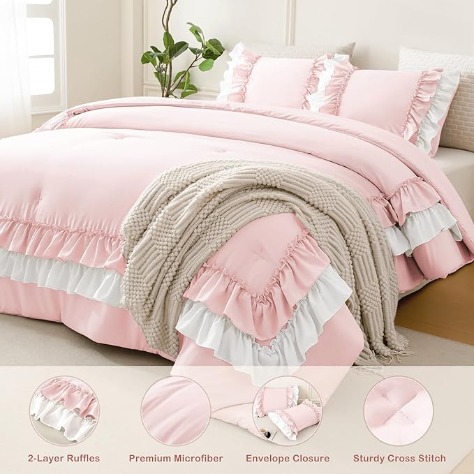 Masaca Ruffled King Comforter Set,Farmhouse Shabby Boho Bedding Comforter Lightweight Ultra Soft Pink and White Vintage French Country Bedding Set 3Pcs (1 Ruffle Comforter and 2 Pillowcases)