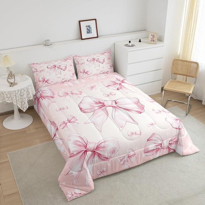 Erosebridal Pink Bow Girls Toddler Bedding Set Kawaii Bowknot Comforter Set for Kids Teen Women Bedroom Decor,Glitter Bow Bedding Comforter Sets Dreamy Princess Bowknot Quilt Duvet 1 Pillow Case