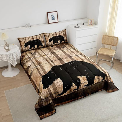 Feelyou Western Rustic Bear Comforter Set Queen, Wildlife Hunting Quilt Set with 2 Pillowcases, Forest Animal Hunting Bedding Set 3pcs Kids Boys Teens Room Decor, Wooden Board Farmhouse Duvet Insert