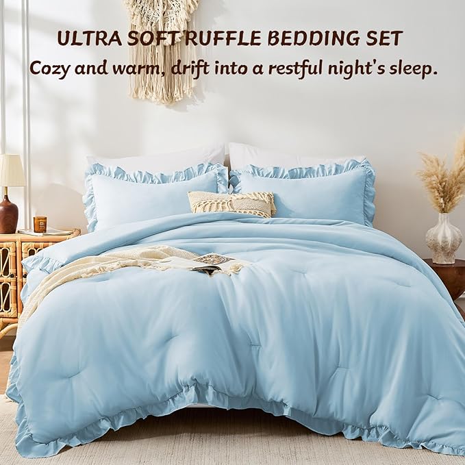 FUANNA Full Size Comforter Sets Light Blue, 3 Pieces Ruffle Full Size Bedding Sets, Fluffy Bed in a Bag Full for All Seasons, Shabby Chic Full Bed Set with 1 Lightweight Comforter & 2 Pillowshams
