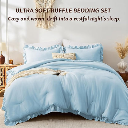 FUANNA King Size Comforter Set Light Blue, 3 Pieces Ruffle King Bedding Set, Fluffy Farmhouse Bed in a Bag King with 1 Lightweight Comforter & 2 Pillowshams