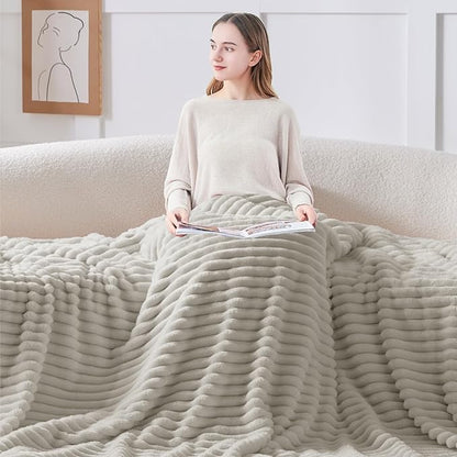 BEDELITE Fleece Throw Blanket for Couch - 300GSM Soft & Warm Fluffy Light Grey Blanket, Decorative and Giftable Striped Blankets for Women, Men, 50"x70"
