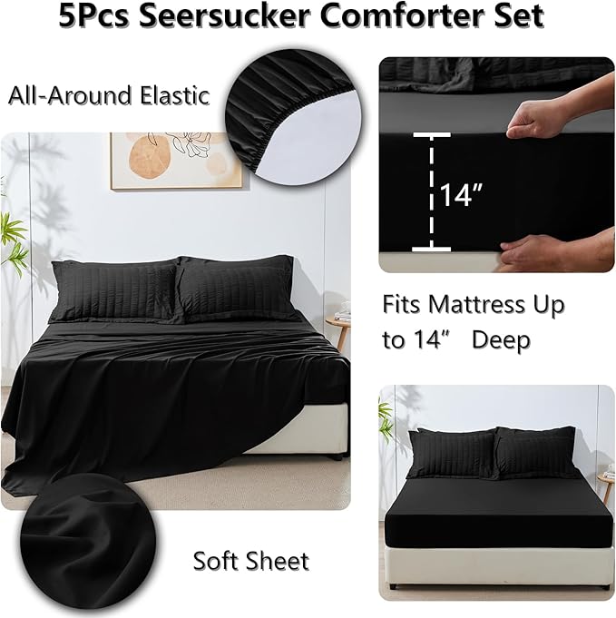 CozyLux Twin Comforter Set with Sheets Seersucker 5 Pieces, Black Bed in a Bag for Bedroom, Textured Luxury Soft Bedding Set with Down Alternative Comforter, Sheets, Pillowcase & Sham for All Seasons