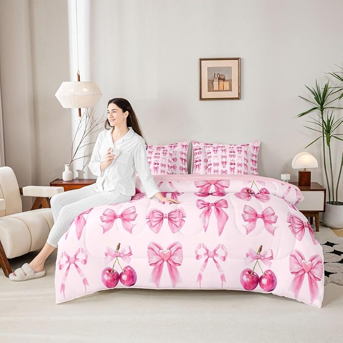 Feelyou Pink Cute Cherry Bow Comforter Set Twin Size 7 Pieces Pink Bow Bedding Set for Kids Boys Girls Princess Decor Bed in a Bag with Comforter, Sheets, Pillowcases, Cushion Covers