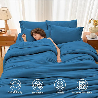 MUXHOMO 7 Pieces California King Comforter Set, Soft Bed in a Bag Cal King Size, All Season Bedding Set with Comforter, Flat Sheet, Fitted Sheet, Pillowcases & Shams, Bluish Green