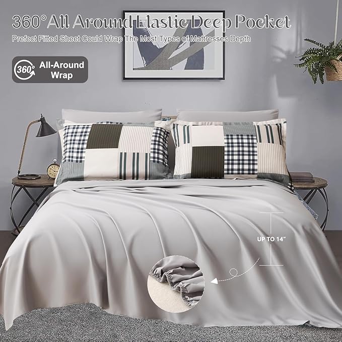 Comforter Set Queen Size Plaid Patchwork Comforter Bedding-7 Piece Bed in a Bag,Soft Fluffy Reversible Microfiber Bedding Set(1 Comforter,1 Flat Sheet,1 Fitted Sheet,2 Pillowcases,2 Pillow Shams)