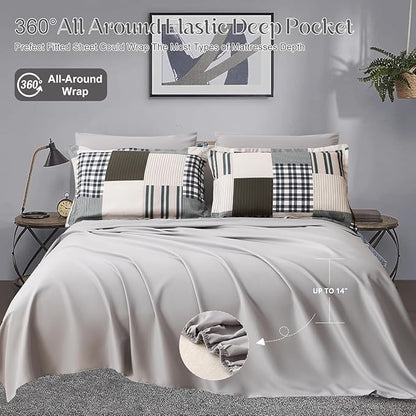 Comforter Set Queen Size Plaid Patchwork Comforter Bedding-7 Piece Bed in a Bag,Soft Fluffy Reversible Microfiber Bedding Set(1 Comforter,1 Flat Sheet,1 Fitted Sheet,2 Pillowcases,2 Pillow Shams)