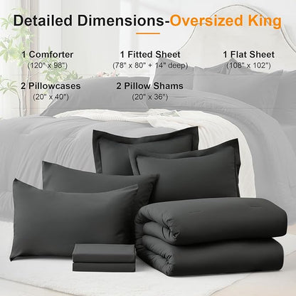 Oversized King Comforter Set 7 Pieces - Ultra-Soft Bed in a Bag, Cozy Luxury All Season Bedding Sets with Comforter, Flat Sheet, Fitted Sheet, 2 Pillow Shams & 2 Pillowcases, Dark Gray