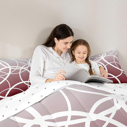 Castle Fairy Circle Comforter Set,Red Gradient Bedding Set for Girls Women,Adults Abstract Stripes Comforter,Modern Style Quilted Duvet Set Bedroom Collection Twin Size 2Pcs