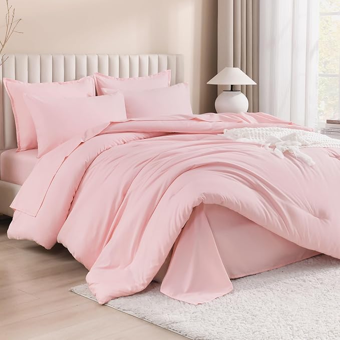 Litanika Full Size Comforter Sets Pink - 7 Pieces Bed in a Bag Full Bedding Comforter Sets, Solid Lightweight Bed Set with Comforter, Sheets, Pillowcases & Shams