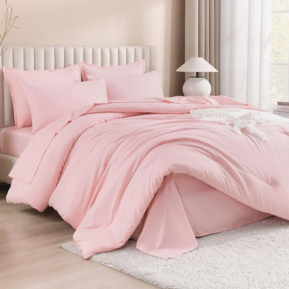 Litanika Twin/Twin XL Size Comforter Sets Pink - 5 Pieces Bed in a Bag Twin/Twin XL Bedding Comforter Sets, Solid Lightweight Bed Set with Comforter, Sheets, Pillowcase & Sham