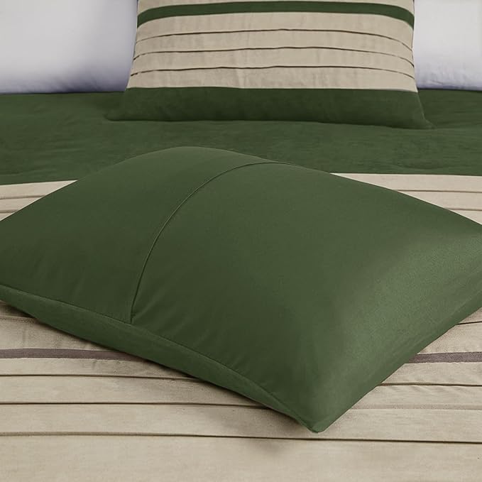 Madison Park Cozy Comforter Set-Luxury Faux Suede Design, Striped Accent, All Season Down Alternative Bedding, Matching Shams, Decorative Pillow, Green, California King (104 in x 92 in)