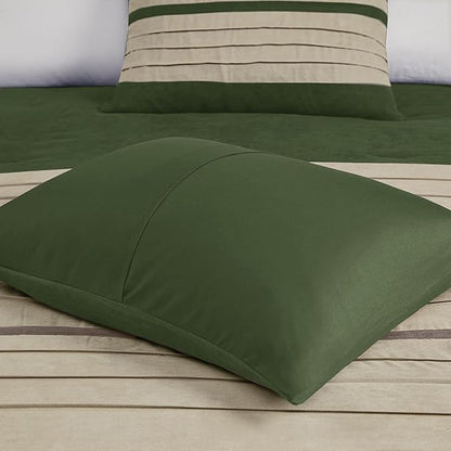 Madison Park Palmer Comforter Set-Luxury Faux Suede Design, Striped Accent, All Season Down Alternative Bedding, Matching Shams, Decorative Pillow, Bed Skirt, Queen (90 in x 90 in), Green 7 Piece