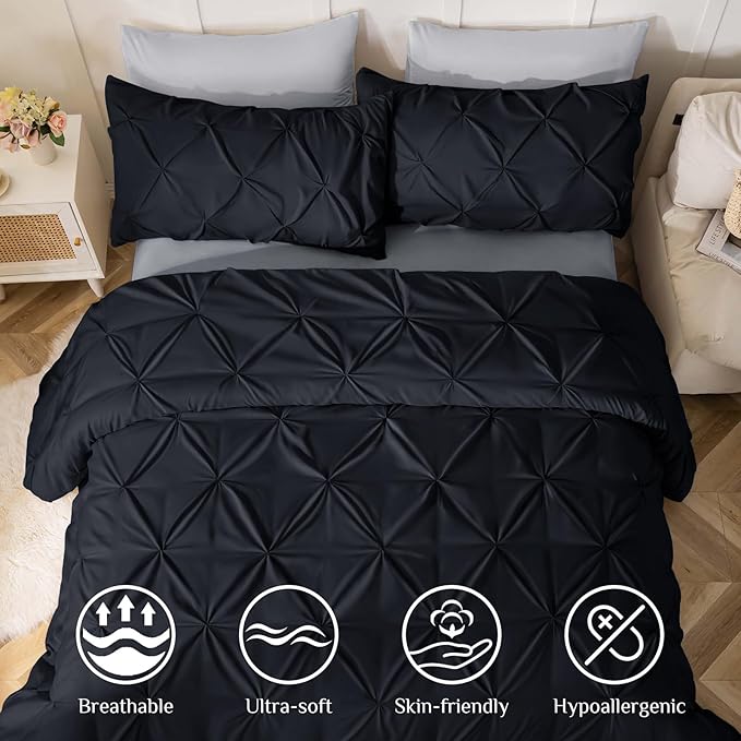 JOLLYVOGUE Twin Comforter Set 7 Pieces - Bed in a Bag Twin for All Season, Pintuck Bedding Comforter Sets with Comforter, Flat Sheet, Fitted Sheet and Pillowcases & Shams, Black & Light Grey