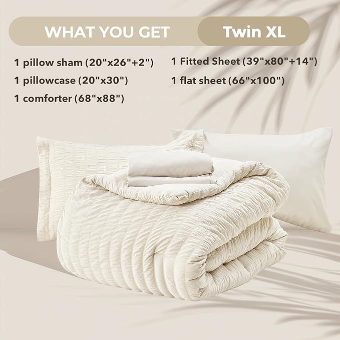 HYMOKEGE Ivory Twin XL Comforter Set Seersucker 5 Pieces, All Season Luxury Bed in a Bag for Bedroom, Bedding Set with Comforter, Sheets, Pillowcase & Sham