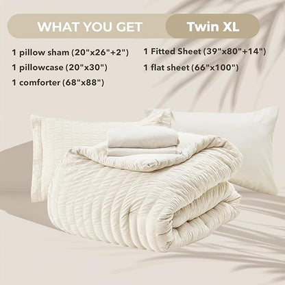 HYMOKEGE Ivory Twin XL Comforter Set Seersucker 5 Pieces, All Season Luxury Bed in a Bag for Bedroom, Bedding Set with Comforter, Sheets, Pillowcase & Sham