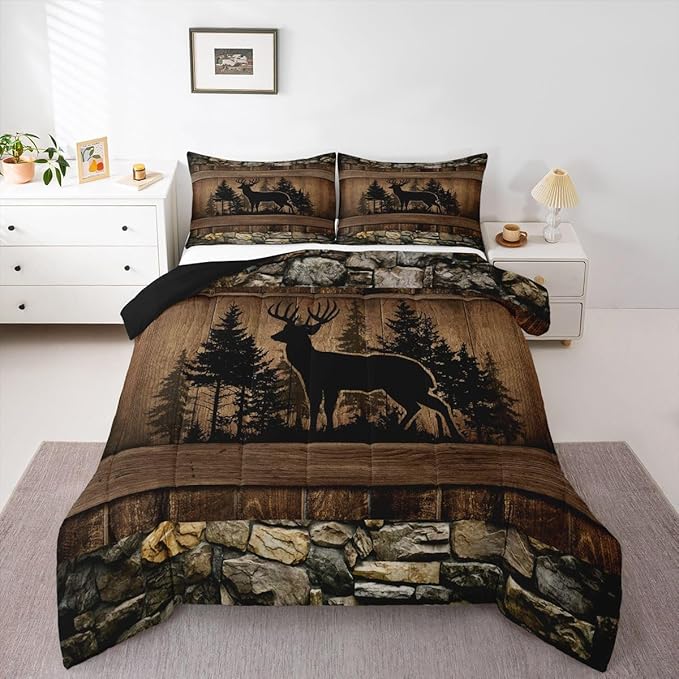 Erosebridal Rustic Deer Twin Bedding Set Farmhouse Cabin Comforter Set for Boys Teen Men Hunting Wildlife Deer Theme Bed Comforter Sets,Country Lodge Western Quilt Duvet