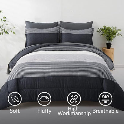 7 Pieces Black Grey Striped Comforter King Size - Lightweight Bed in a Bag Bedding Comforters Set, All Season Microfiber Complete Bedding Set with Flat/Fitted Sheet, Pillowcases and Pillow Shams