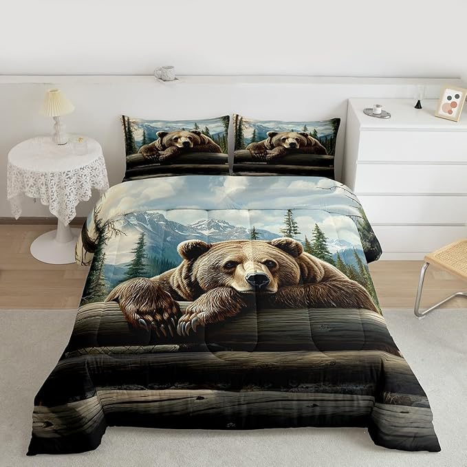 Erosebridal Nature Forest Bear Comforter Set Queen Size Wild Animals Forest Bedding Set for Child Boys Girls | Rustic Cabin Woodland Brown Bear Comforter Mountain Hunting Wildlife Duvet Insert