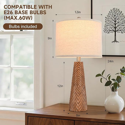 Terpsichore Nightstand Lamp Bedside Lamps Set of 2 Vintage Rustic Farmhouse Table Lamp 3 Way Dimmable Horizontal Stripe Light,for Living Room Bedroom,USB A+C (Brown, Hing 24 Inch)