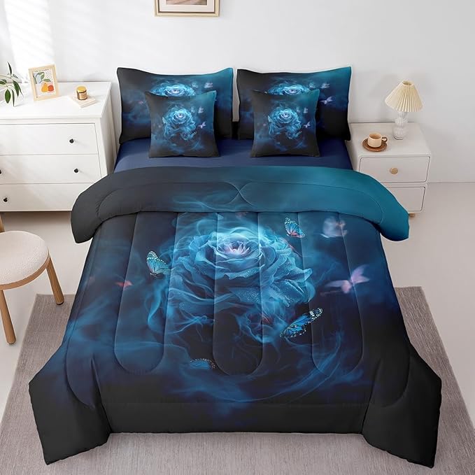 Erosebridal Teal Blue Rose Comforter Set Twin with Sheets,Mist Flower Bed in a Bag 7Pc Girls Women Bedroom Decor,Trippy Butterfly Bedding Set with Pillowcases & Shams,Valentines Gifts for Couples