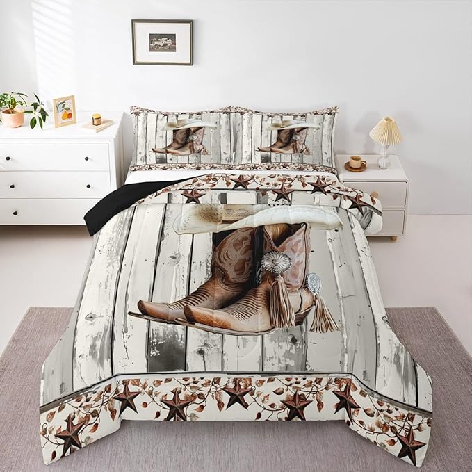 Erosebridal Western Texas Star Comforter Set King Size, Rustic Horseshoe Bedding Set Country Wooden Door Quilt for Kids Teens Adult Men Bedroom, Retro Cowboy Farmhouse Bedding Comforter Sets