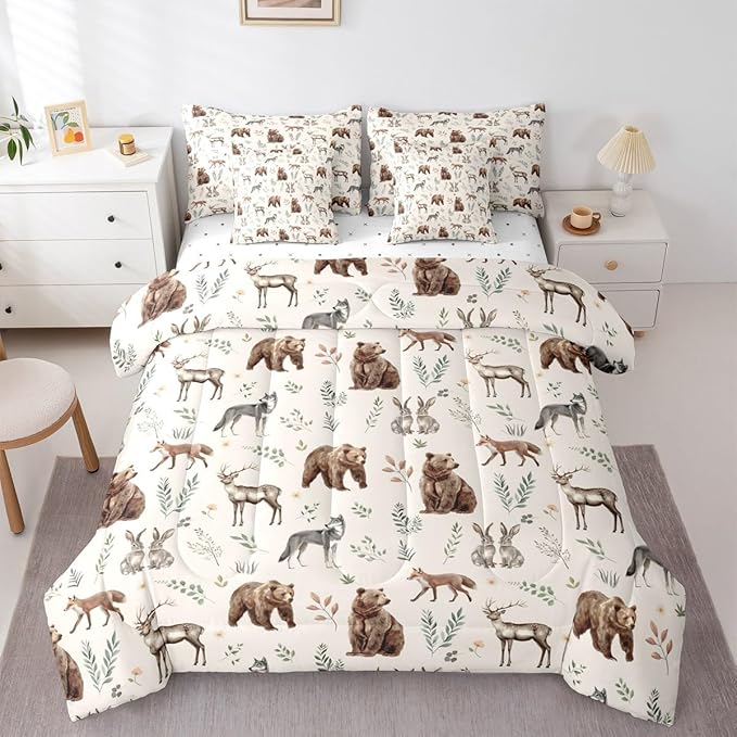 Erosebridal Woodland Animals 7 Piece Comforter Set Twin Size Bear Deer Hunting Theme Bedding Set for Kids Child Bedroom | Cartoon Rabbit Wolf Fox Wildlife Duvet Insert Rustic Cabin Lodge Decor Sheets