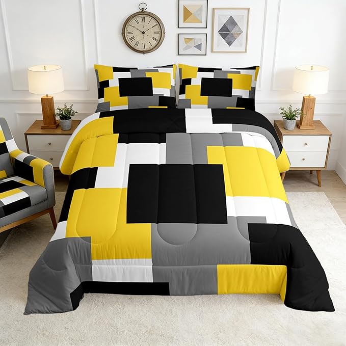 Castle Fairy Yellow Black Grey 3 Pcs Comforter/Duvet Set,Geometric Square Splicing Ultra Soft Bed Collection,Modern Abstract Bedding for Room Decor 3 Pcs,Microfiber Breathable,King