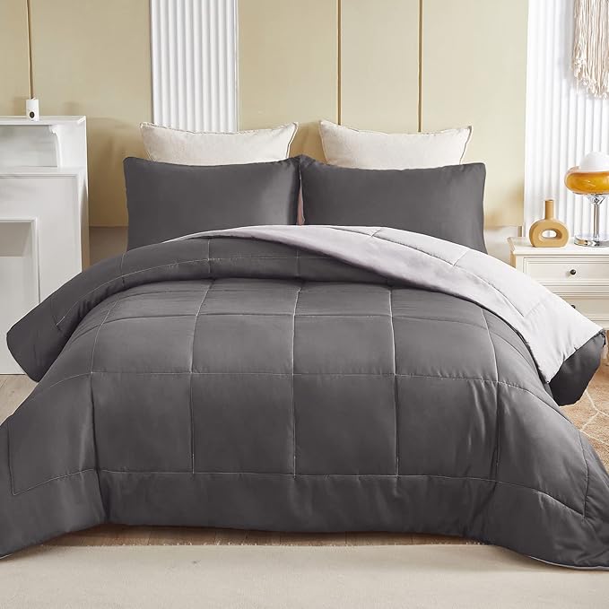 Exclusivo Mezcla Lightweight Reversible Full Queen Size Comforter Set, Down Alternative Comforter with 2 Pillow Sham, Full Queen Size Bedding Set for All Seasons, Grey