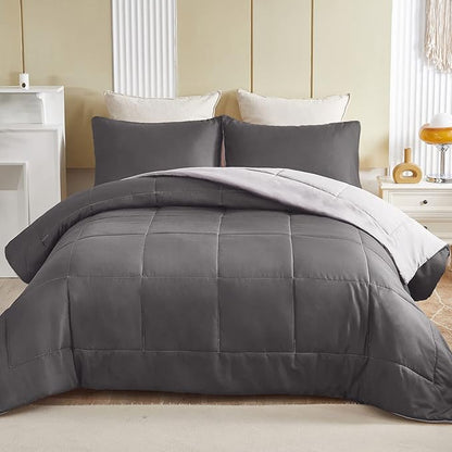 Exclusivo Mezcla Lightweight Reversible Full Queen Size Comforter Set, Down Alternative Comforter with 2 Pillow Sham, Full Queen Size Bedding Set for All Seasons, Grey