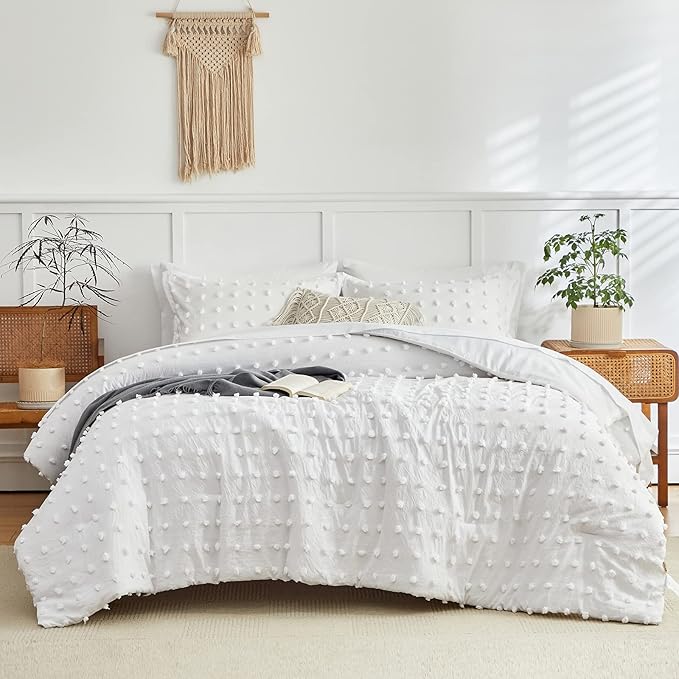 7 Pieces Tufted Dots Bed in a Bag King Comforter Set with Sheets White , Soft and Embroidery Shabby Chic Boho Comforters, Solid Color with Pom Pom Design, Jacquard Tufts Bedding Set for All Season