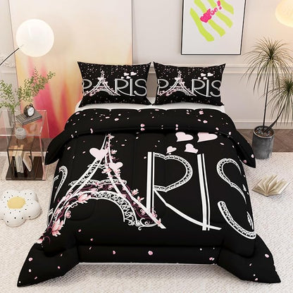 Paris Eiffel Tower Theme Comforter Set, 3D Black Pink Pattern for Kids Teens Adults,Decorative Bedding Comforter Sets with 2 Pillow Shams, King Size