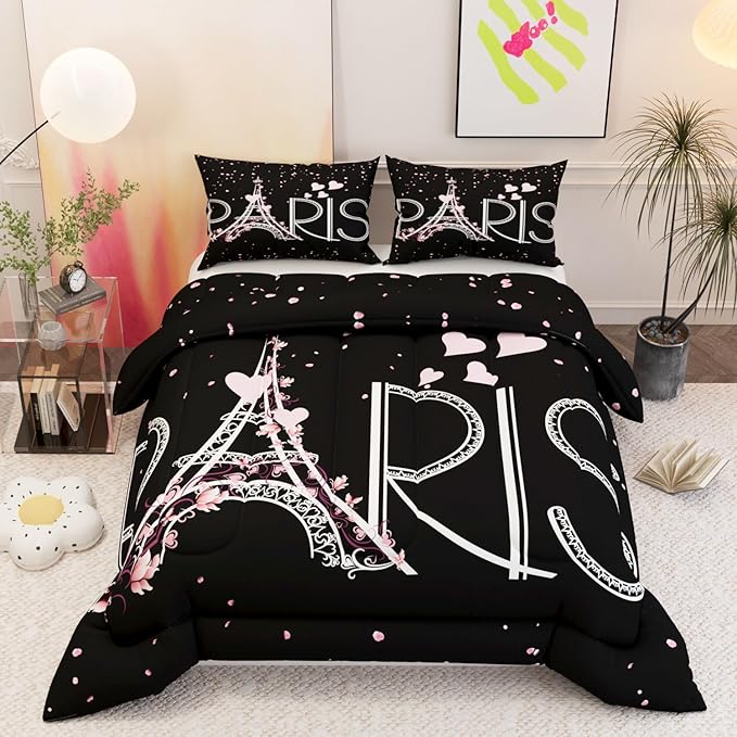 Paris Eiffel Tower Theme Comforter Set, 3D Black Pink Pattern for Kids Teens Adults,Decorative Bedding Comforter Sets with 2 Pillow Shams, Full Size