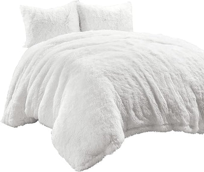 Lush Decor Emma Soft Fluffy Faux Fur Oversized Duvet Cover Set, King, White - Warm Plush 3 Piece Bedding Set