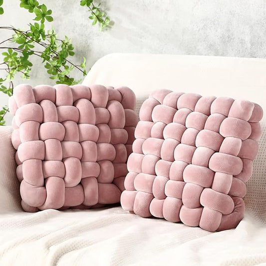 Wenqik 2 Pcs Knot Pillows Square Knotted Plush Throws Soft Accent Pillows Decoration Cushion for Couch Home Office Living Room Bedroom Bed Sofa Decor, 12'' x 13''(Haze Pink,Crystal Velvet)
